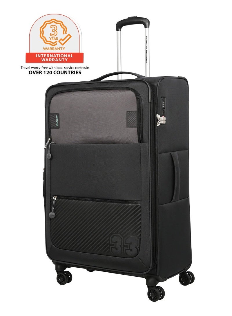 AMERICAN TOURISTER Majoris + Suitcase, Check-In Size 83 cm, 4 Spinner Wheels, Soft Top, 100% Polyester, Black|Corner Guards|Multi Front Pocket|TSA Combination Lock|Expandable|Retractable Aluminum Handle - 3 Years International Warranty - Image 1